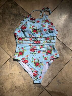 Cupshe Light Blue Floral One-Piece Swimsuit with Red Flowers